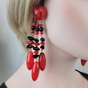 Vintage Long Chunky Red Black Beaded Chandelier Dangle Earrings Pierced
